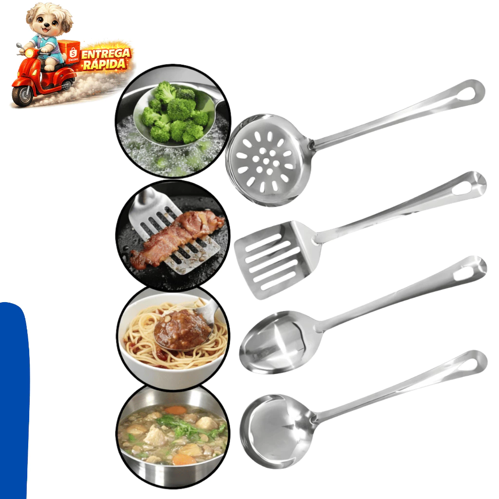 Kit Utensílios Inox Cozinha 4 Peças Concha Colher Arroz Escumadeira Espátula