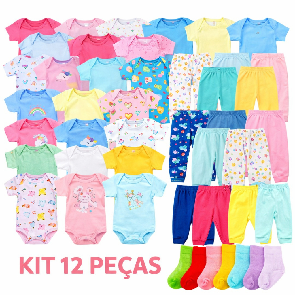 Kit Enxoval Bebê 12 Peças Bodys, Mijão e Meias 100% Algodão | Menino, Menina e Unissex - Roupa Recém Nascido Maternidade em Oferta na Shopee