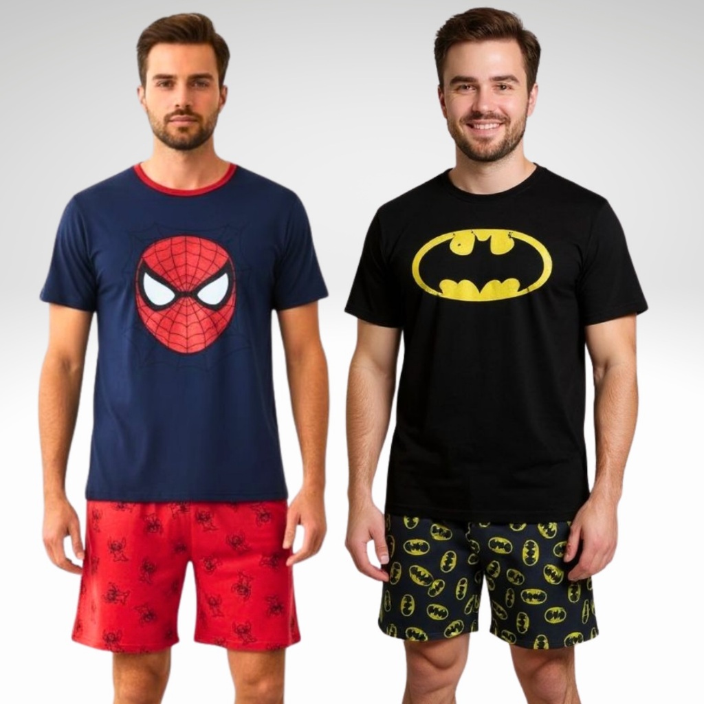 Kit 2 Pijamas Adulto Masculino Meia Manga / Super Heróis / Roupa de Dormir / Pijama Masculino Tamanhos P M G GG Promoção em Oferta na Shopee