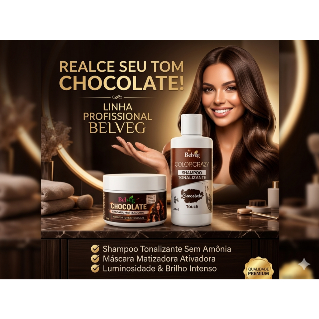 Kit Máscara e Shampoo Tonalizante Chocolate Belveg - Sem Amônia