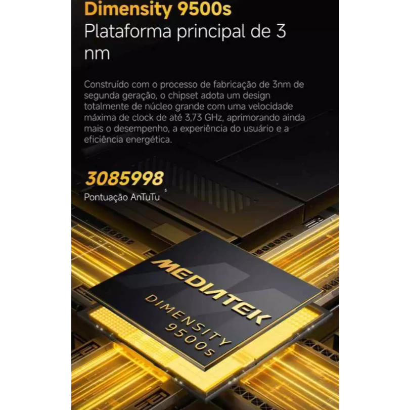 Gráfico técnico destacando o processador MediaTek Dimensity 9500s de 3nm e pontuação AnTuTu