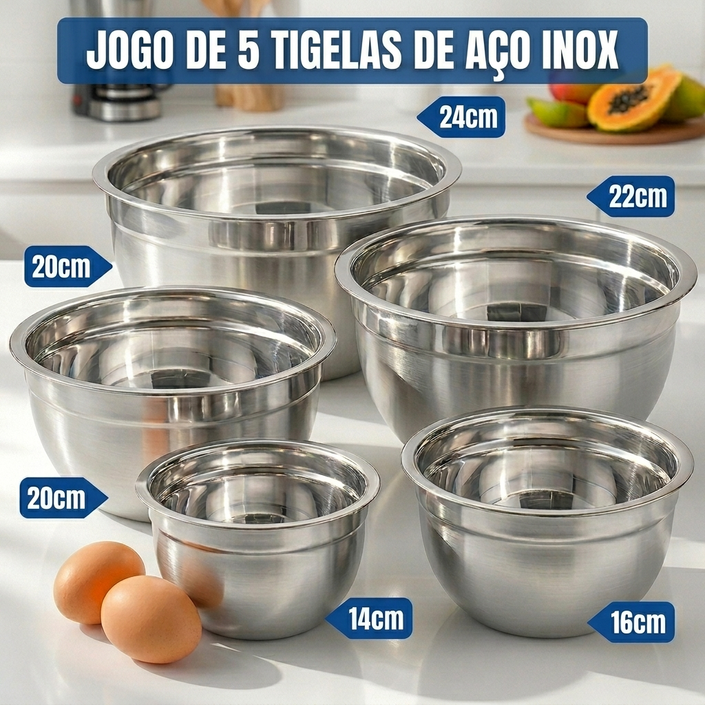 Jogo de Bowls Inox 5 Peças Tigelas Empilháveis Aço Inoxidáve