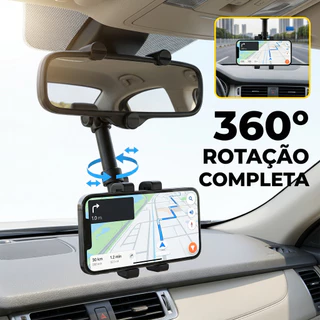 Suporte para Celular no Retrovisor - Universal, Extensível, Giro 360°, Fixação Segura