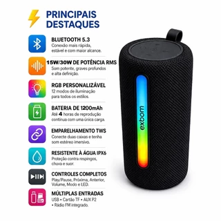 Caixa de Som Bluetooth Com Led Exbom M33BT Portátil de 30W RMS MP3 Player/FM