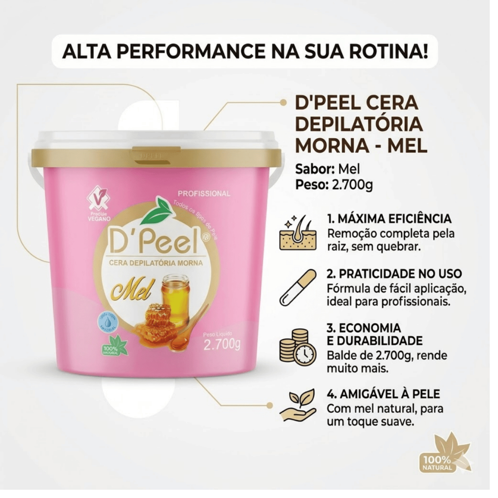 Cera Depilatória Hidrossolúvel D'PEEL Balde 2700g Mel, Camomila