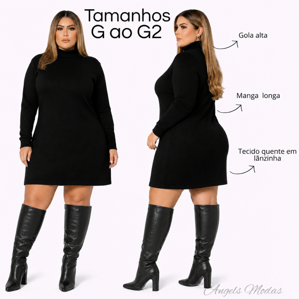 Vestido Feminino Plus Size Inverno Gola Alta Manga Longa Lãzinha ...