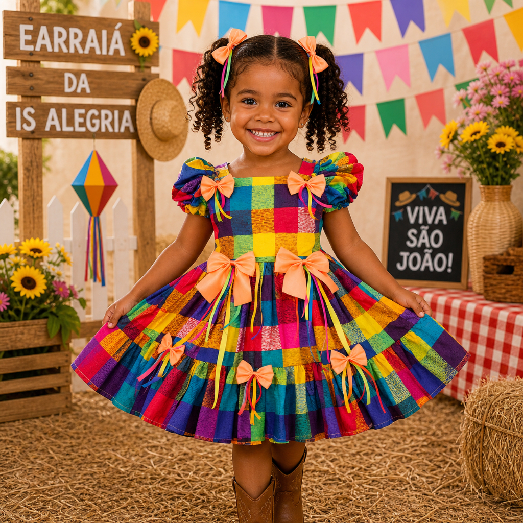 Vestido Festa Junina Infantil Xadrez Com Laços Rodado 2 ao 10 - PB