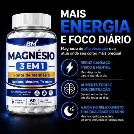Magnésio 3 em 1 Treonato Quelato Dimalato 60 Cápsulas – Envio Imediato