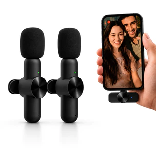 Microfone Sem Fio Lapela Tipo C e Lightning 2.4GHz Redução Ruído Vídeos Lives Podcast Alcance 50m Captação 360 Preto