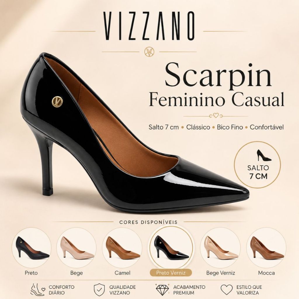 Scarpin Sapato Feminino Casual com Salto 7 cm Médio Vizzano Clássico Bico Fino Confortável Adulto