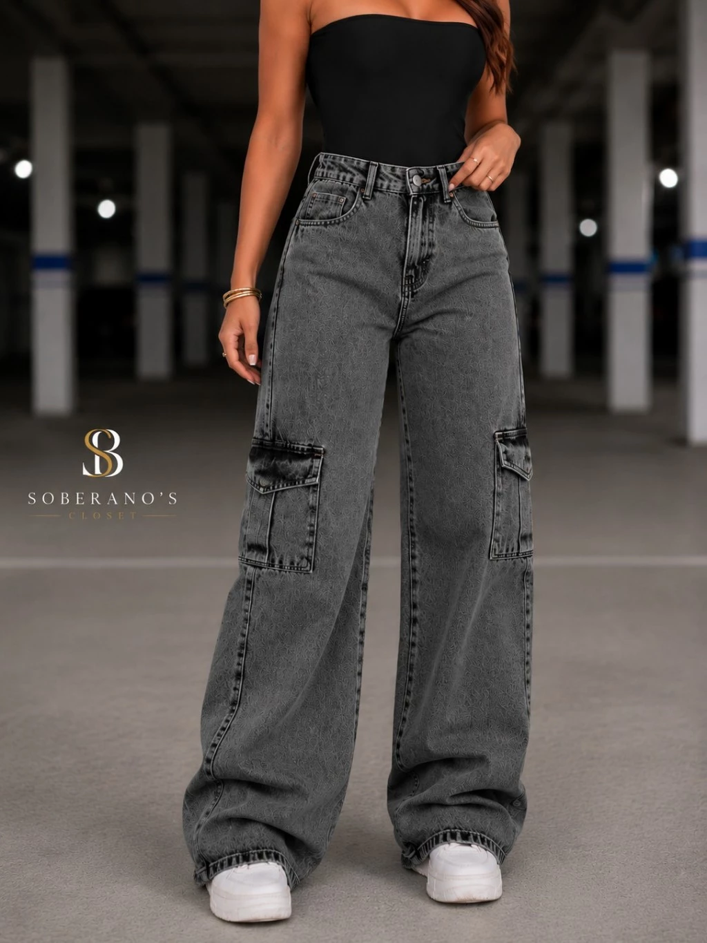 Calça Jeans Feminina Wide Leg Marmorizada Pantalona Boca Larga Cintura Alta Premium