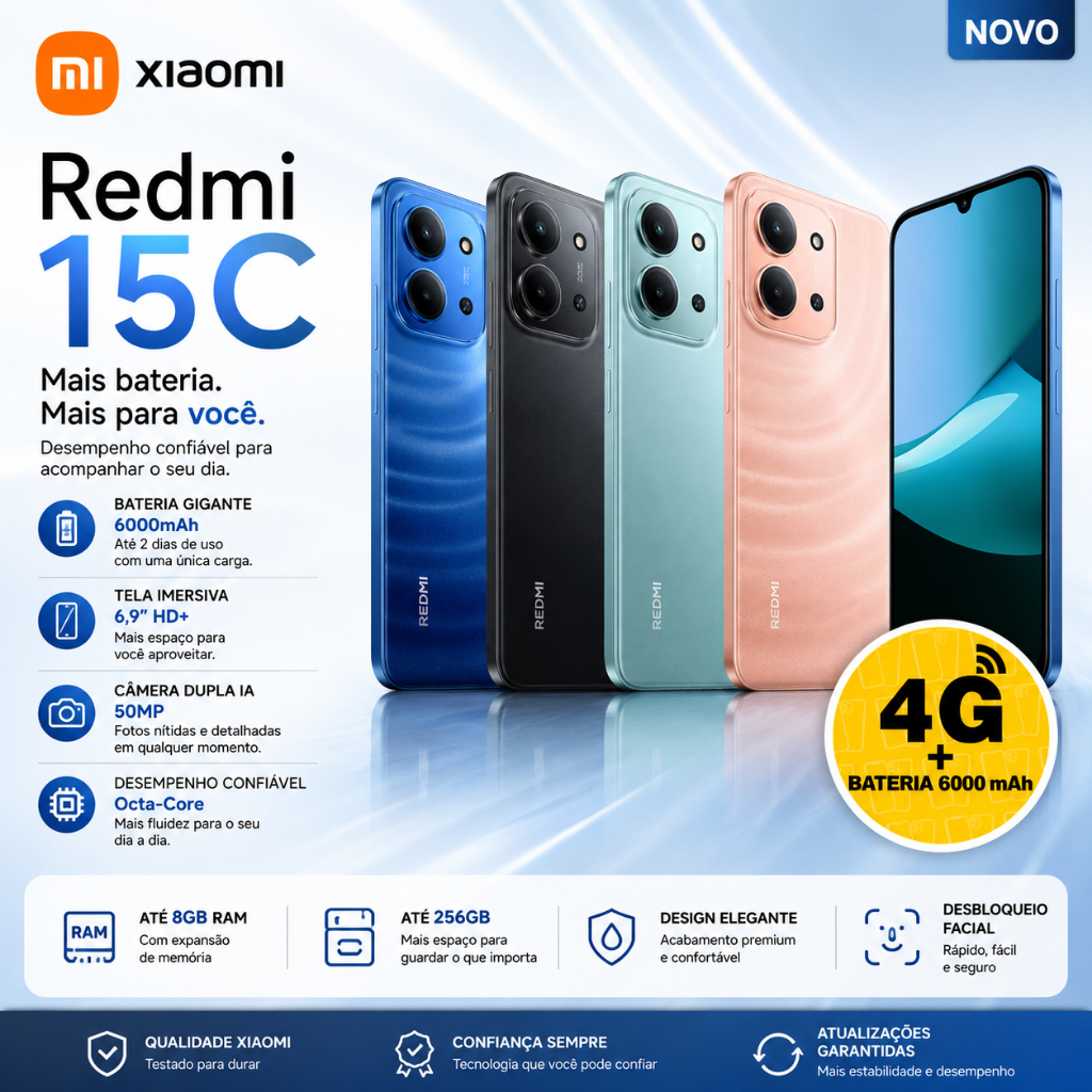 Novo) Câmera Xiaomi Redmi 15C azul 8GB+256GB RAM / 4GB+128GB RAM 6