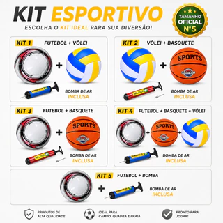 Kit Esportivo com Opções de Bolas de Futebol, Vôlei e Basquete em Couro Sintético Resistente e Bomba