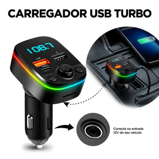 Carregador USB Turbo PD 20W Carro TYPE-C Transmissor Receptor FM Bluetooth Veicular X8 MP3 Rádio Com Luz LED Arco-Íris