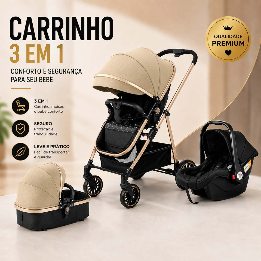 Carrinho De Bebe 3 Em 1 Bege Com Dourado Travel System | Shopee Brasil