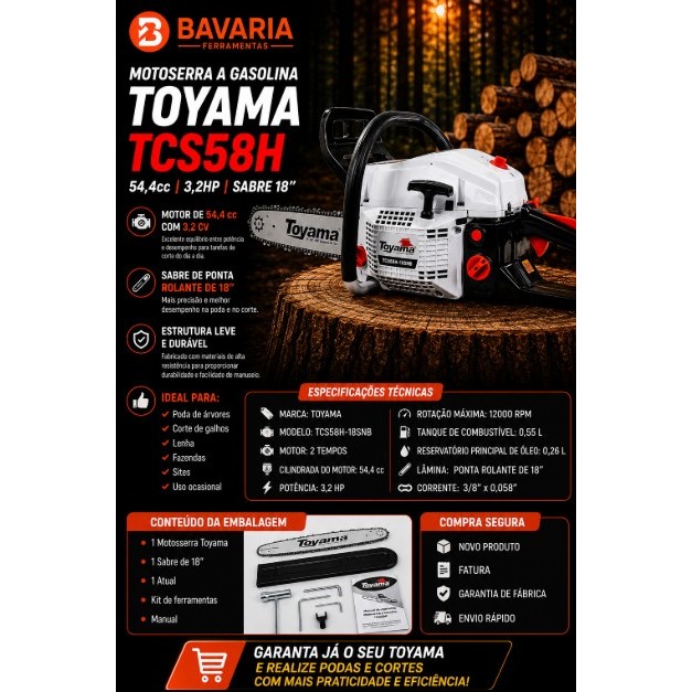 Motosserra Toyama TCS58H 54,4cc 3,2HP Sabre 18 Gasolina | Shopee