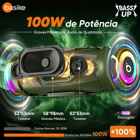 Basike Caixa De Som Bluetooth 100W 10000mah Tws Ipx5 Boombox Portátil Para Festa Bass Boost Estéreo Alta Hifi RGB Luzes