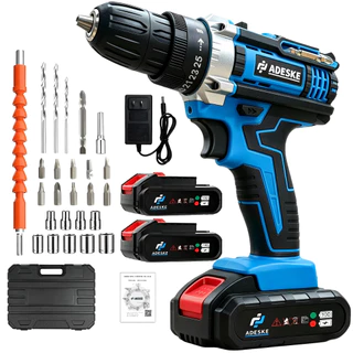 Parafusadeira Impacto ADESKE 2/3 Funções, Kit 1 ou 2 Baterias, Maleta com Brocas Soquetes e Acessórios Diversos