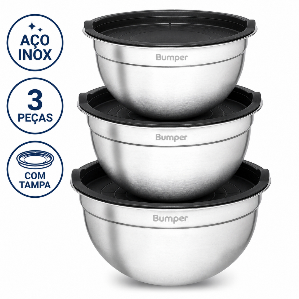Kit com 3 Bowls Tigelas de Inox com Tampa Bumper