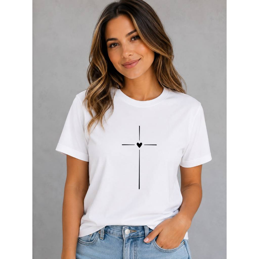 Blusa T-shirt Cruz Coração Confortável 100% Algodão