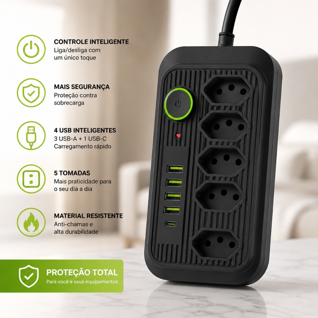 Extensão Inteligente 5 Tomadas + 4 USB + USB-C – Mais Energia e Organização Orbitta