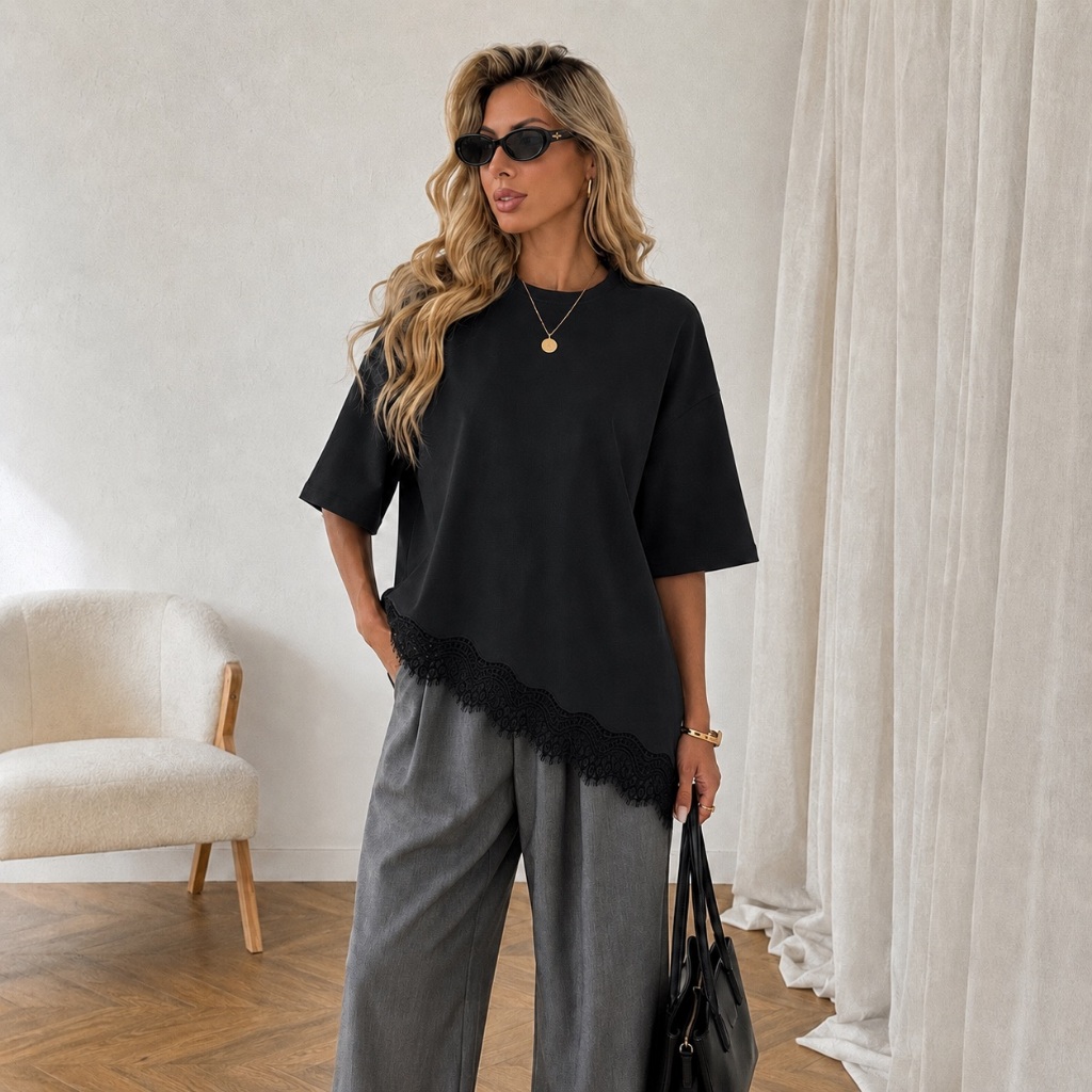 BLUSA FEMININA OVERSIZED DE RENDA BLUSA ASSIMÉTRICA BLUSA FEMININA ESTILOSA T SHIRT FEMININA ALGODÃO