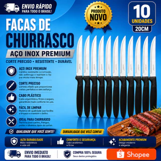 10 Unidades de Facas de Churrasco Preta 20cm Aço Inox com Cabo Plástico Excelente na Cozinha