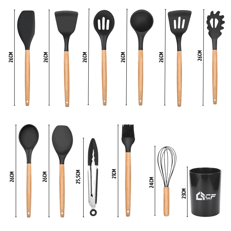 Kit Utensílios de Cozinha 19 Peças • Silicone com Cabo de Madeira • Completo e Resistente - Imagem 2