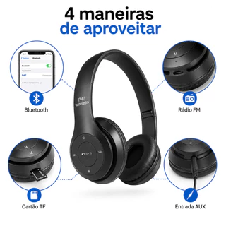 Headphone Wireless P47 Bluetooth Estéreo Redução de Ruídos Entrada AUX Micro SD Música Chamadas Tiktok