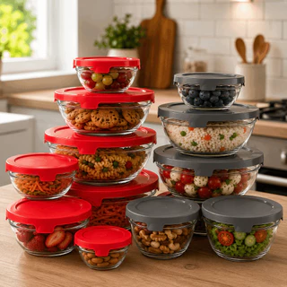 Jogo 10 Potes De Vidro Com Tampa Tigela Redondo Bowls Cozinha Hermético Resistente Vermelho Cinza Misto