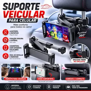 Suporte Veicular para Celular Banco Traseiro Encosto de Cabeça Ajustável Giratório Universal