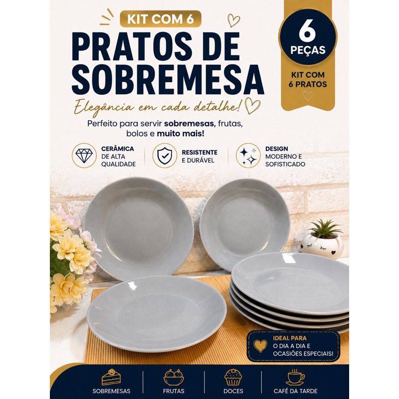 kit com 6 pratos sobremesa linha premium cerâmica cor cinza belíssimo