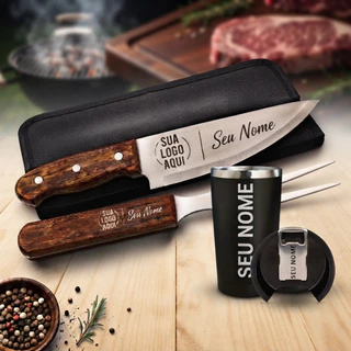 Kit Churrasco Personalizado Completo Estojo+Copo Térmico 473ml Inox Gravação a Laser com Nome, Time ou Logotipo Presente