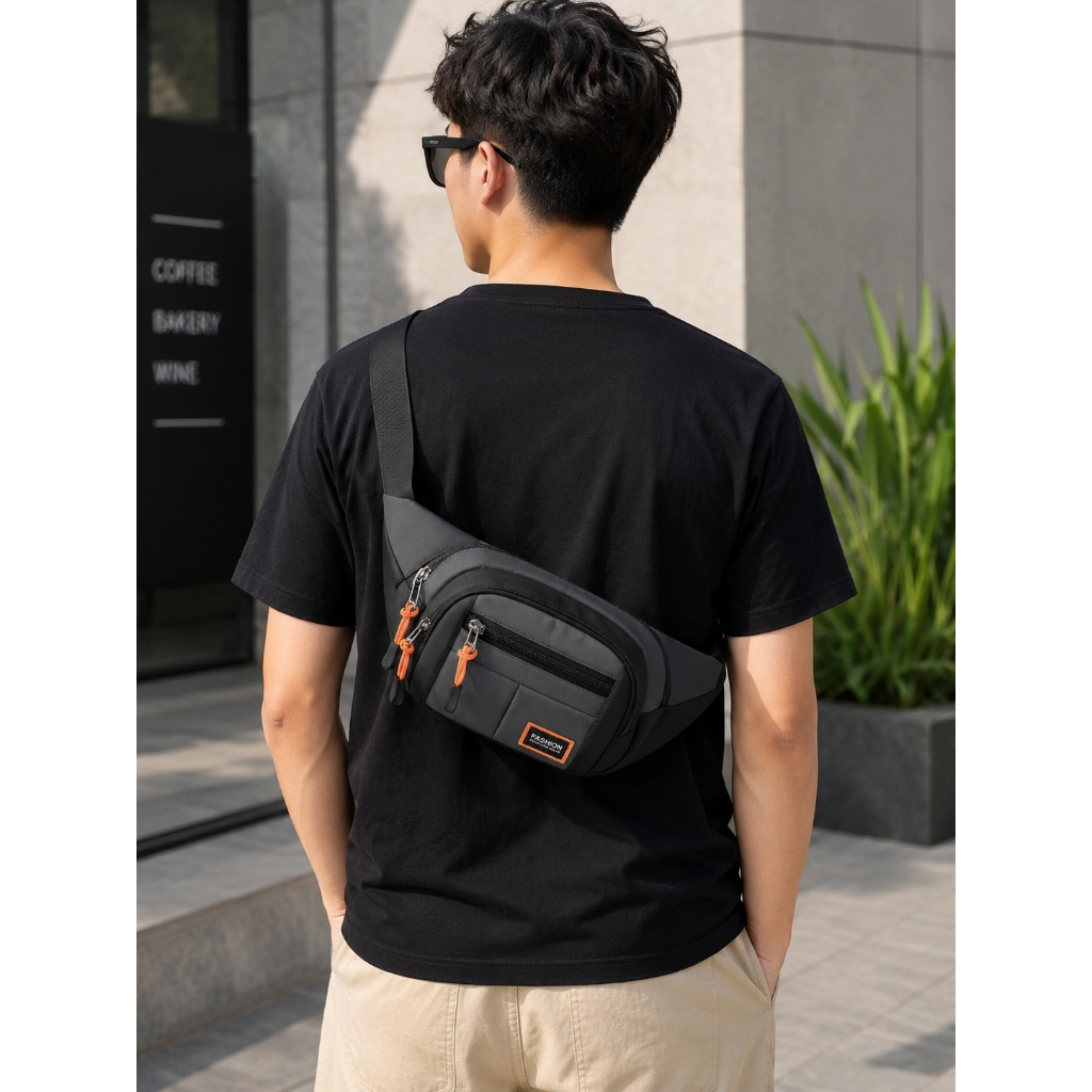 Pochete Masculina Transversal Grande com Vários Bolsos e Zíper, Bolsa de Cintura Ajustável para Viagem, Trabalho e Dia a