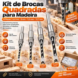 Kit 4 brocas para furo quadrado carpintaria, medidas 1/4", 5/16", 3/8" e 1/2", para trabalhos com madeira