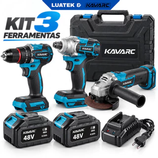 Kit Ferramentas Sem Fio Profissional 3 em 1 Parafusadeira Impacto Esmerilhadeira A Lítio 48V-LUATEK