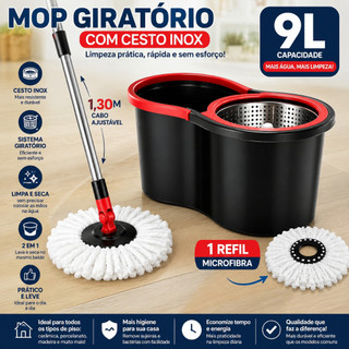 Mop Giratório Inox Cabo Grande de 120 cm 9 Litros Cesto Inox - Balde Centrífuga