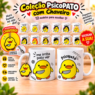 Caneca Personalizada Psicopato Pato com Faca Engraçada Porcelana 325 ml Presente com Chaveiro