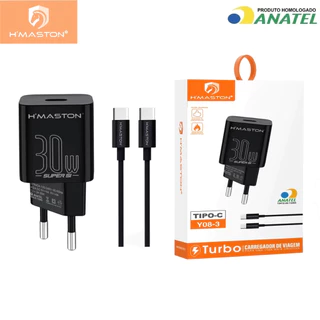 Carregador H'Maston Y08-3 30W Turbo USB-C + Cabo Tipo-C para Tipo-C
