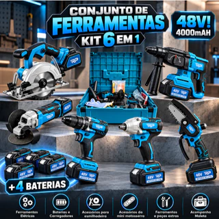 Kit 6 Ferramentas com Furadeira Parafusadeira Martelete Chave de Impacto Esmerilhadeira Serra 48v