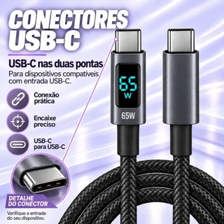 Cabo Tipo C para Tipo‑C 1 Metro 65W Trançado Preto Carregamento Rápido display digital