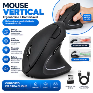 Mouse Vertical Ergonômico Sem Fio Bluetooth USB Recarregável 6 Botões 2400 DPI Silencioso