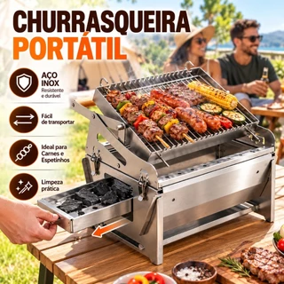 Churrasqueira Portátil Inox com Grelha Giratória para Carnes e Espetinhos em Camping e Praia