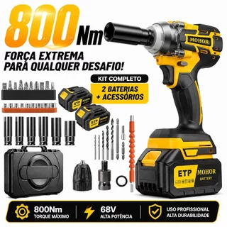 Parafusadeira Chave de Impacto 48V 800Nm Elétrica Sem Fio Alta Potência, Kit Completo com Soquetes e Maleta para Oficina