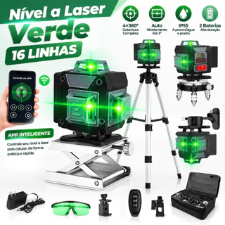 Nível Laser Verde 16 Linhas 4x360° Autonivelante, Tela Digital, Controle App + Tripé 1,2m e 2 Baterias