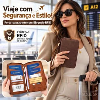 Porta Passaporte com Bloqueio RFID, Carteira de Viagem com Zíper, Porta Cartões e Documentos Feminino e Masculino