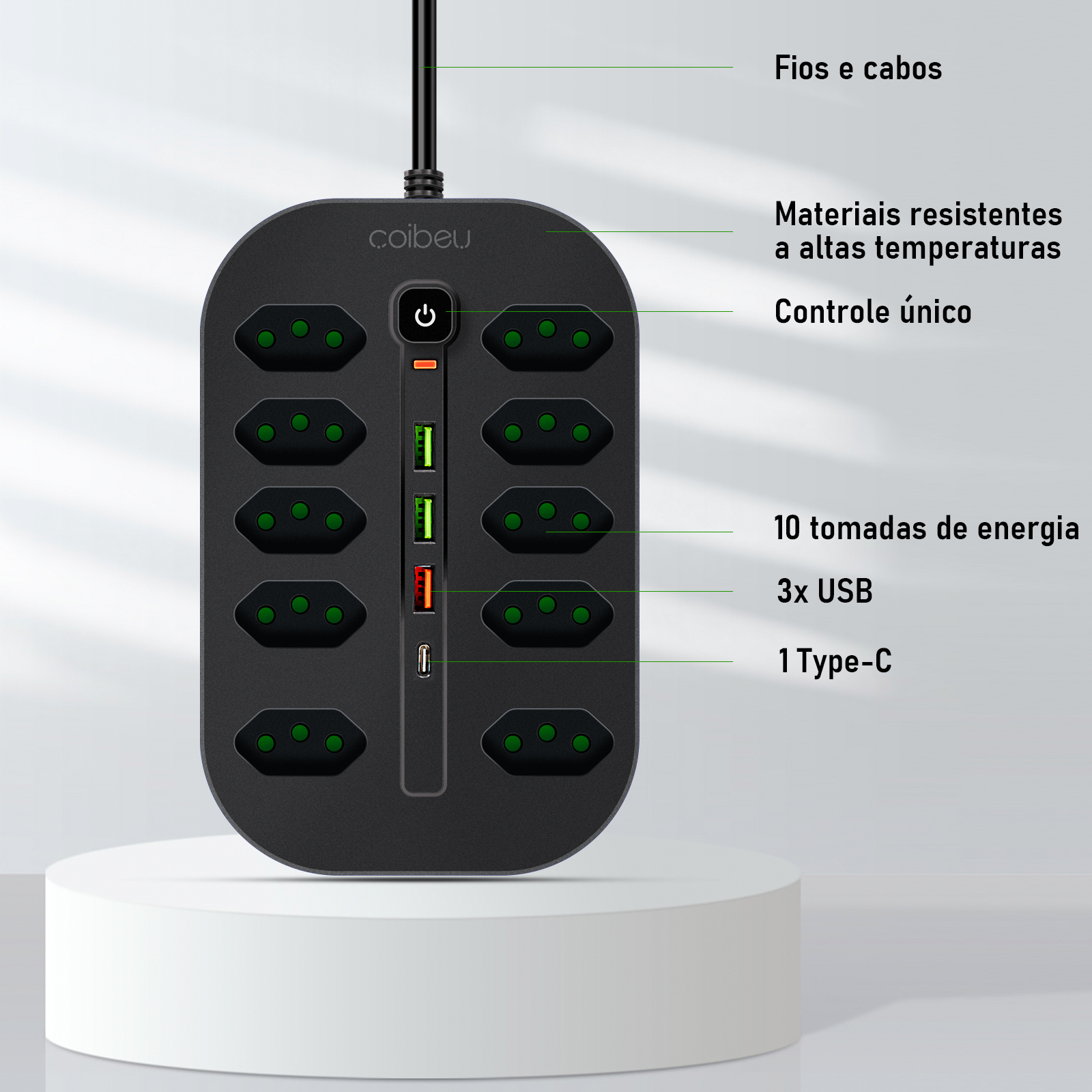 COIBEU Extensão Filtro de Linha 10 Tomadas 3 USB 1 Tipo C Bivolt Power