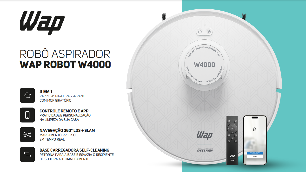 Robô Aspirador de Pó WAP Robot W4000 48W Com Base Self-Cleaning Branco ...