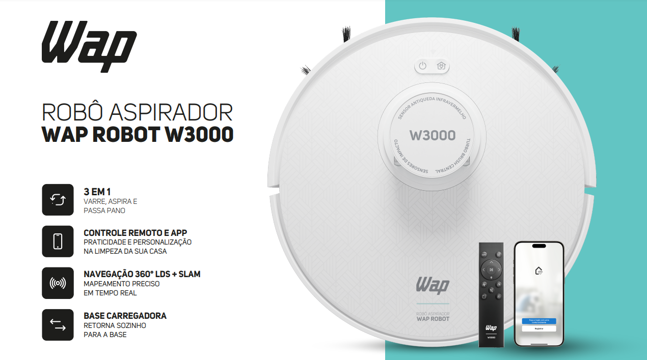 Robô Aspirador de Pó WAP Robot W3000 Bivolt Branco Turquesa | Shopee Brasil