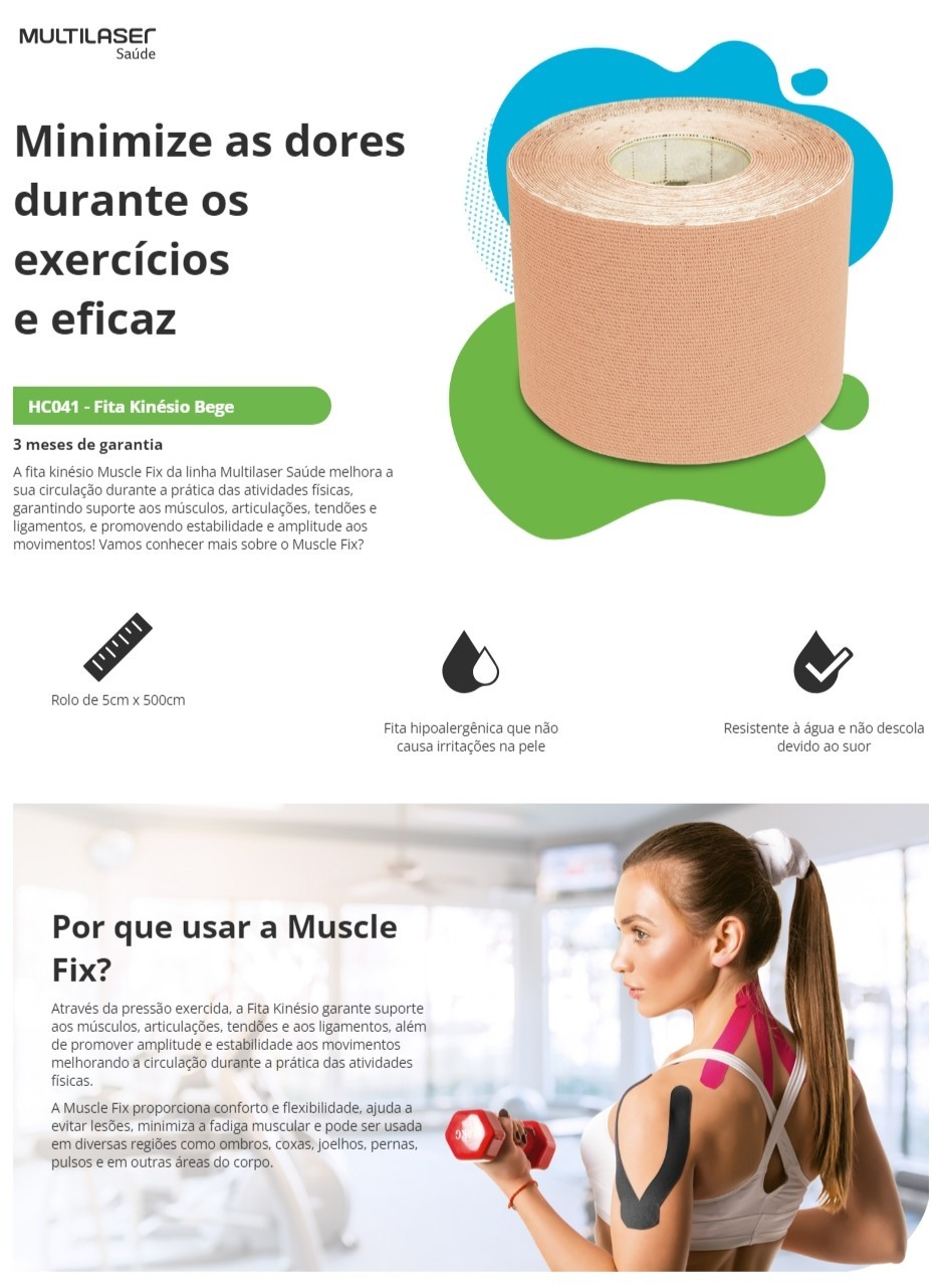 Fita Kinésio Muscle Fix 5x500cm Rolo Bege Multi Saúde - HC041 | Shopee ...